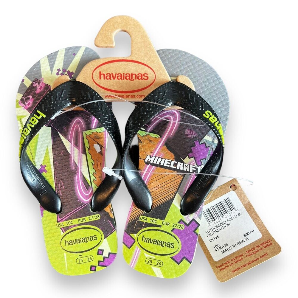 Havaianas Kids Minecraft Enderman Flip Flops Size 10C Green Purple NWT